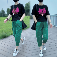 批发纯棉<b class='q'>运动服</b>套装爆款女2026<b class='q'>新款</b>夏季网红款休闲百搭短袖长裤两件套