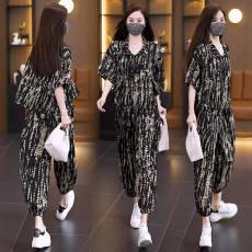 批发实拍2024洋气大码女装套装胖MM印花时尚宽松显瘦<b class='q'>哈伦裤</b>两件套