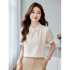批发气质新中式轻国风盘扣立领上衣2026夏季新款雪纺法式泡泡袖衬衫女