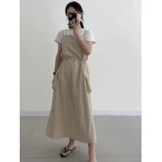 批发复古气质吊带连衣裙女夏季设计感大口袋抽绳收腰<b class='q'>长裙</b>