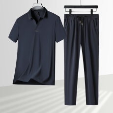 批发夏季冰丝弹力套装时尚男爸爸装翻领T恤长<b class='q'>裤</b>无痕压胶两件套P85