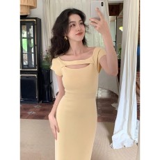 批发SYT自制 天丝冰纱针织连衣裙女夏季修身<b class='q'>显瘦</b>包臀裙开叉设计长裙子