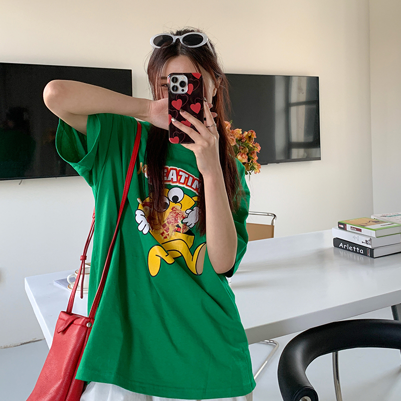 LN33975# 纯棉夏季新款绿色短袖女韩版ins创意童趣印花 服裝批發女裝批發服飾貨源