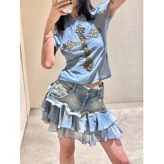 批发baby<b class='q'>杨颖</b><b class='q'>同款</b>千禧辣妹牛仔半身裙女夏季新款雪纺荷叶边拼接短裙子