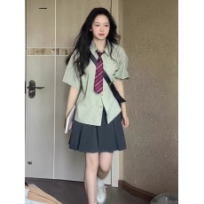 批发美式复古学院风条纹短袖衬衫女夏季chic薄款慵懒风polo领衬衣开衫