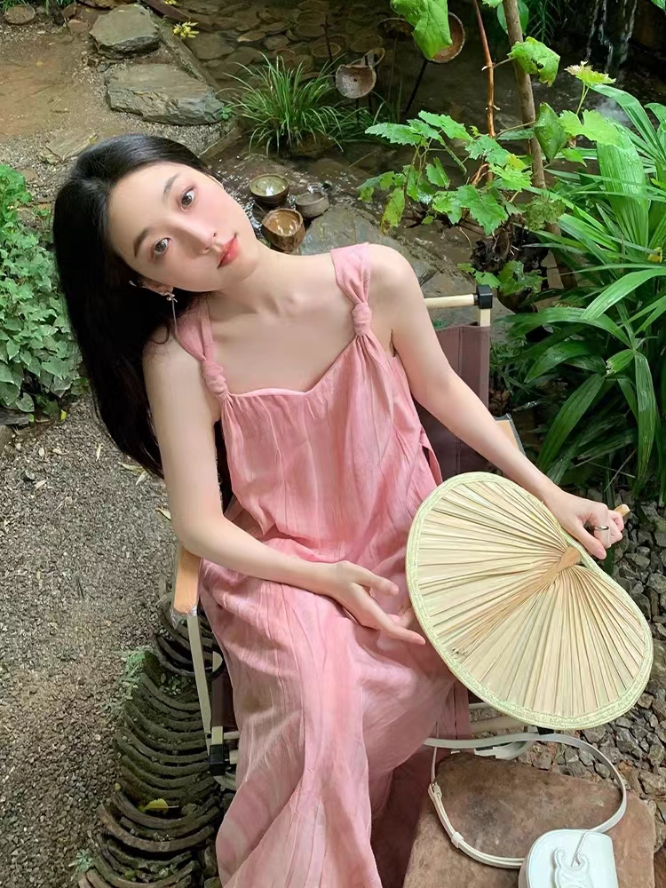 아름다운 작은 치마 질감 고급 센스 새로운 해변가 휴가 오프숄더 핑크색 슬립 드레스