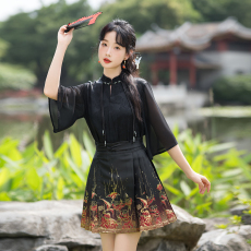现货 夏季新中国风汉服鎏金玫瑰织金仿螺钿日常短款马面裙套装