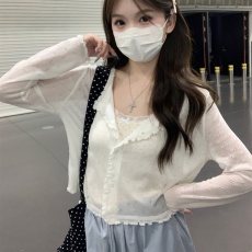 批发韩系镂空薄款防晒针织衫女夏季2026新款别致宽松短款<b class='q'>长袖</b>开衫上衣