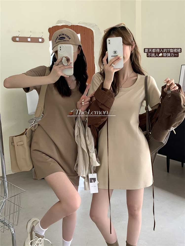 FA31610# 韩系简约修身显瘦T恤连衣裙女夏季新品小个子纯色百搭短裙潮 服裝批發女裝批發服飾貨源