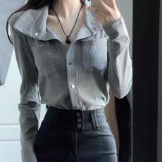 批发2026春季辣妹灰色质感长袖衬衫港味复古休闲慵懒感修身针织开衫