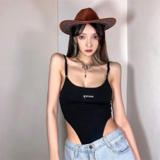 批发欧美风性感甜辣妹黑色<b class='q'>塑</b><b class='q'>身</b>连体衣女夏季紧身刺绣无袖吊带<b class='q'>背心</b><b class='q'>上衣</b>