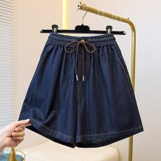 批发2026夏200斤松紧高腰宽松阔腿牛仔短裤女大码薄款系带显腿长热裤