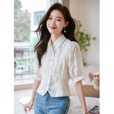 批发轻奢百搭天丝<b class='q'>雪纺</b><b class='q'>衬衫</b>女2025年夏季法式镂空小衫泡泡袖翻领上衣