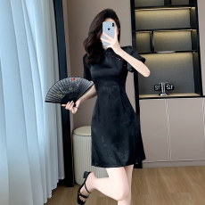 批发大Eees 纸鸢少女感<b class='q'>花苞</b>袖短款旗袍裙减龄娇俏收腰显瘦<b class='q'>连衣裙</b>