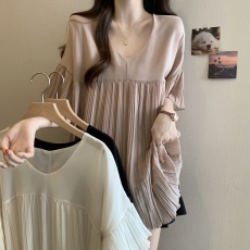 批发大码宽松遮肚子雪纺衬衫女夏季胖mm显瘦设计感中袖V领打底衫上衣