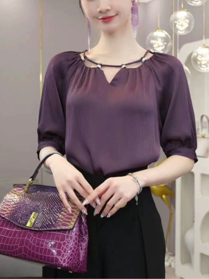 LN33888# 法式轻奢气质紫色衬衫夏季新款宽松显瘦小众设计感五分袖上衣 服裝批發女裝批發服飾貨源