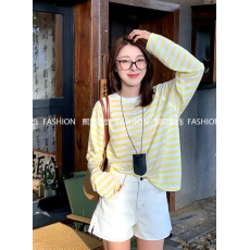 批发熙贝 夏季新款经典百搭撞色条纹长袖防晒T恤透气薄款上衣