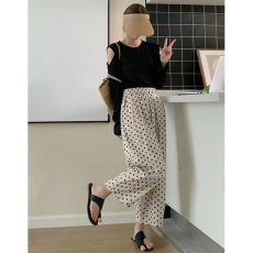 批发米白色波点宽松阔腿裤女夏季新款棉麻薄款高腰显瘦凉凉空气九分裤
