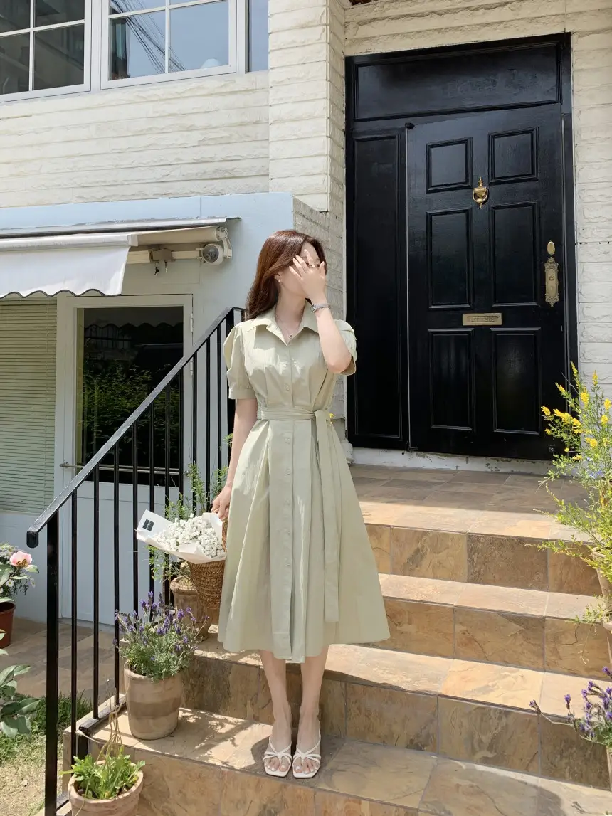 여성용 복고풍 셔츠카라 단추 원피스 상세 이미지 6