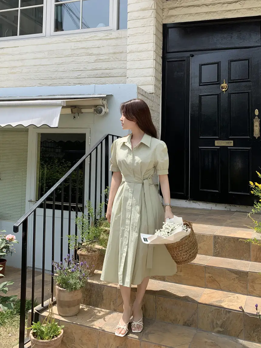 여성용 복고풍 셔츠카라 단추 원피스 상세 이미지 7