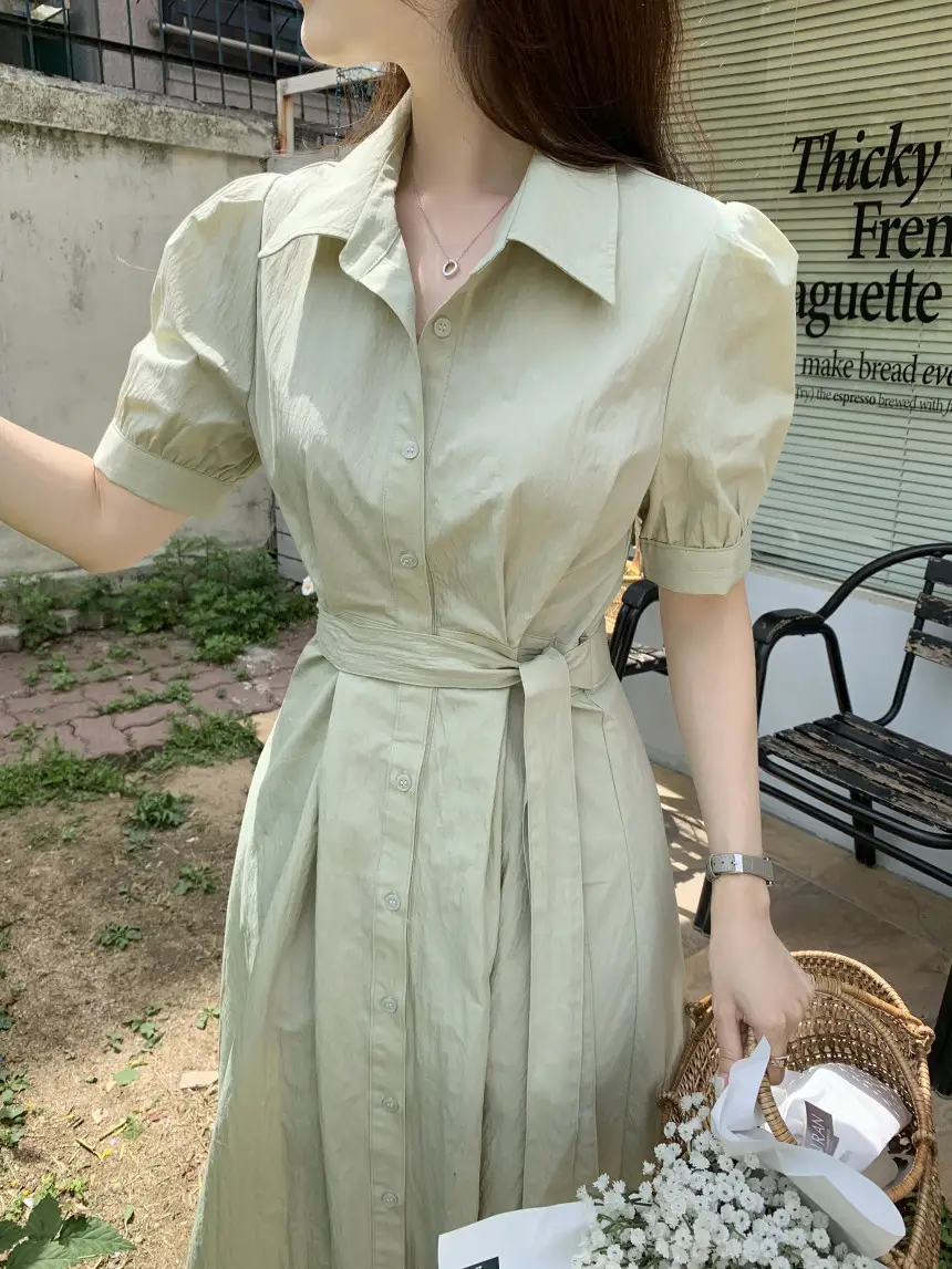 여성용 복고풍 셔츠카라 단추 원피스 상세 이미지 15