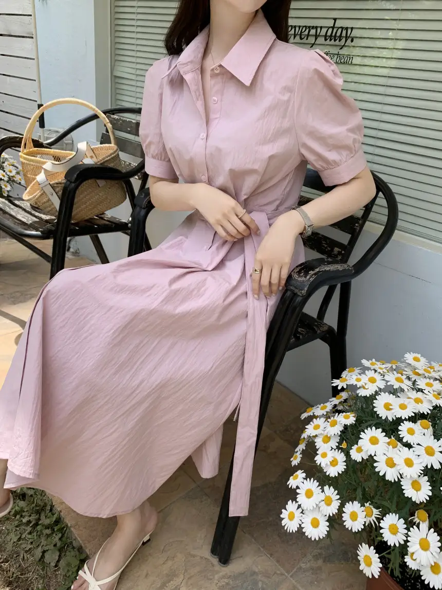 여성용 복고풍 셔츠카라 단추 원피스 상세 이미지 18