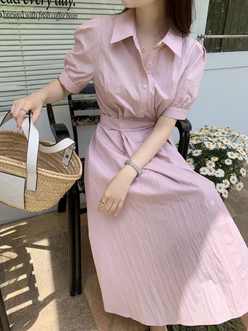 여성용 복고풍 셔츠카라 단추 원피스 상세 이미지 21