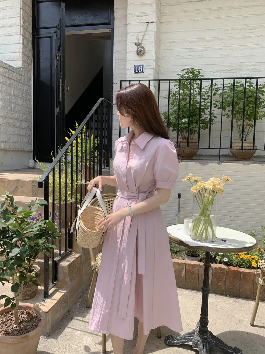 여성용 복고풍 셔츠카라 단추 원피스 상세 이미지 22