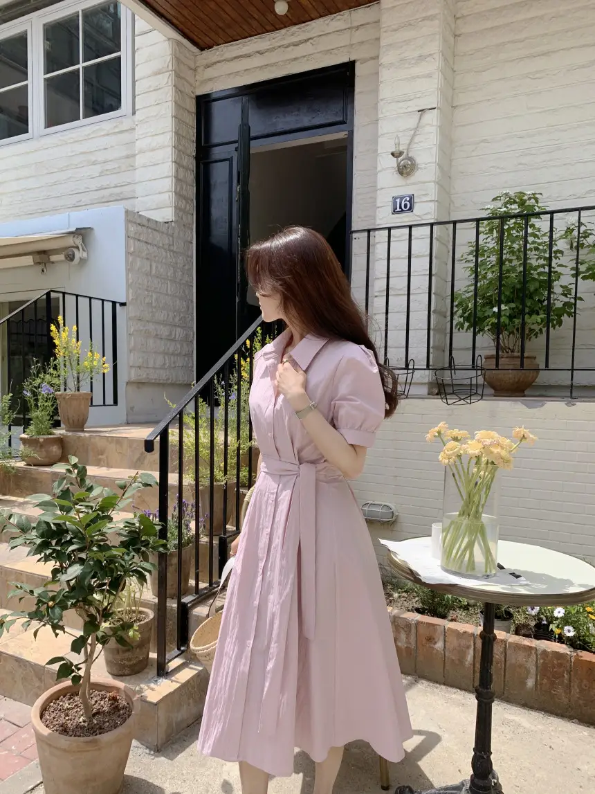 여성용 복고풍 셔츠카라 단추 원피스 상세 이미지 23