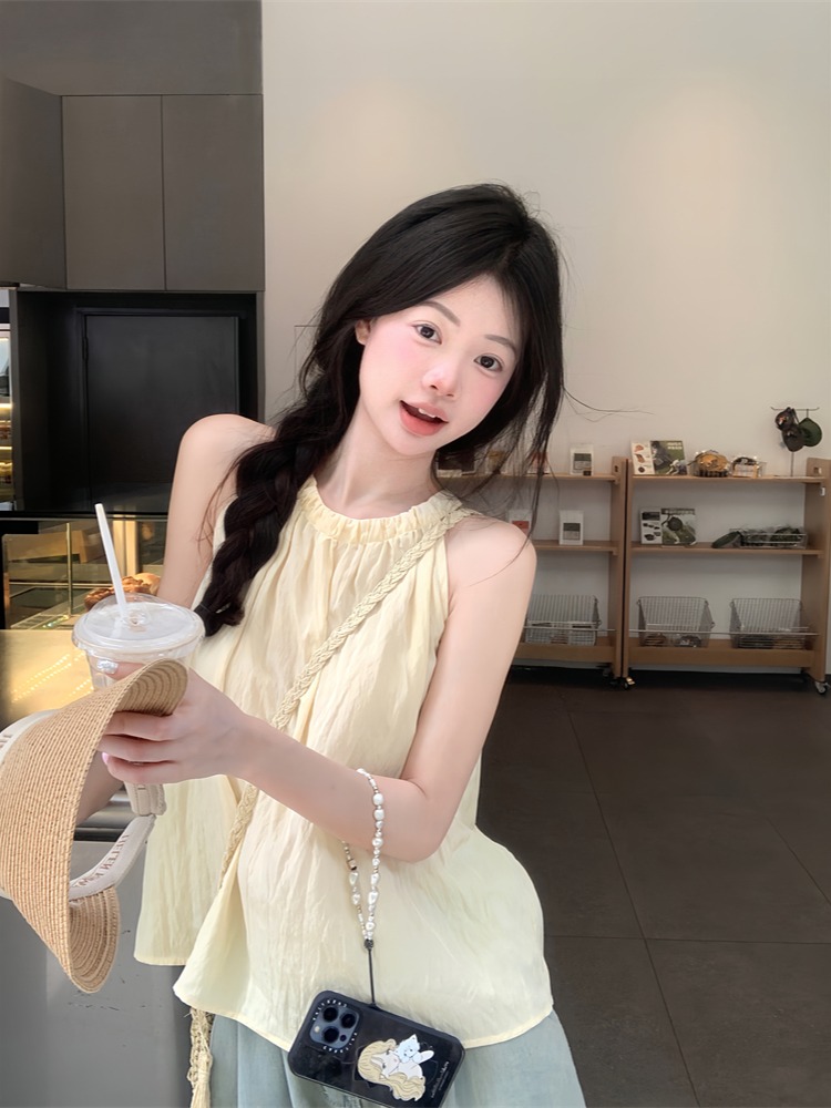 실사 정가 새로운 밝은 노란색 색상 행침 목 민소매 조끼 맨위 여성