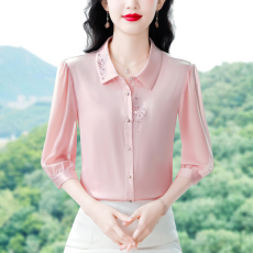 批发实拍 2026夏季中袖真丝衬衫女刺绣钉珠大码减龄洋气百搭小衫