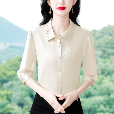 批发实拍 2026夏季中袖真丝衬衫女刺绣钉珠大码减龄洋气百搭小衫