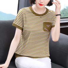 批发2026春季新款<b class='q'>妈妈装</b>条纹口袋短袖女士高级感小众设计宽松显瘦拼接