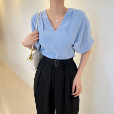 批发chic 韩版夏季新款V领两穿时尚皱褶设计感短袖上衣衬衫