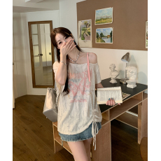 批发230克原版布#甜辣印花字母露肩防晒宽松上衣女显瘦新款女<b class='q'>装</b>