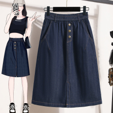 批发实拍<b class='q'>夏</b>新款大码天丝牛仔五分半身裙胖MM弹力显瘦松紧腰休闲A字裙