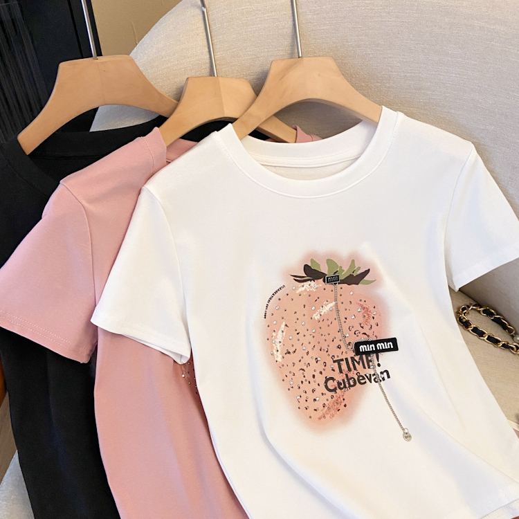 LN35166# 白色短袖t恤女夏设计感小众短款烫钻草莓图案百搭显瘦 服裝批發女裝批發服飾貨源