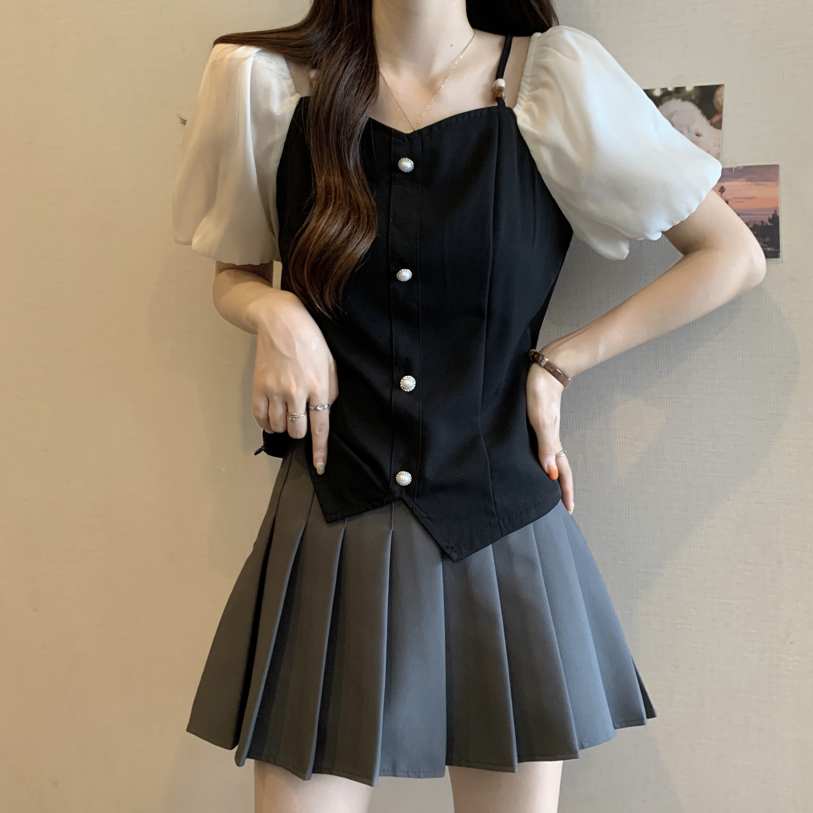 FA31572# 新款夏季胖MM法式撞色修身显瘦时尚气质百搭甜美上衣 服裝批發女裝批發服飾貨源