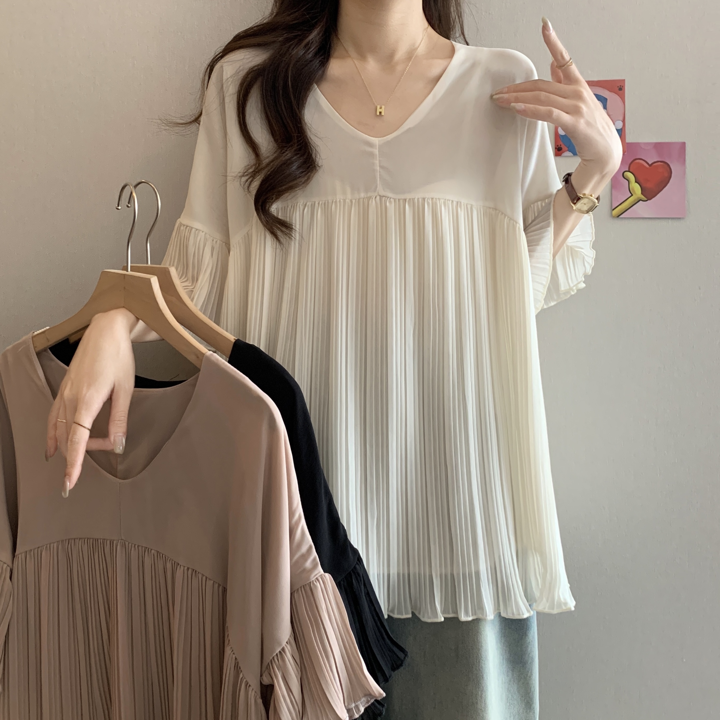 FA37160# 大码雪纺衬衫女喇叭袖宽松夏季胖mm显瘦中长款V领上衣 服裝批發女裝批發服飾貨源