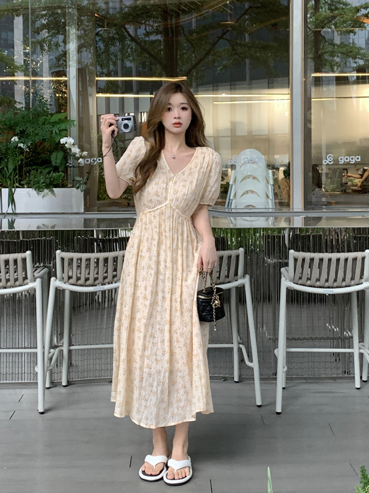 MY2410# 大码女装夏季法式V领碎花连衣裙胖MM高腰显瘦气质温柔风长裙女裝貨源服裝批發