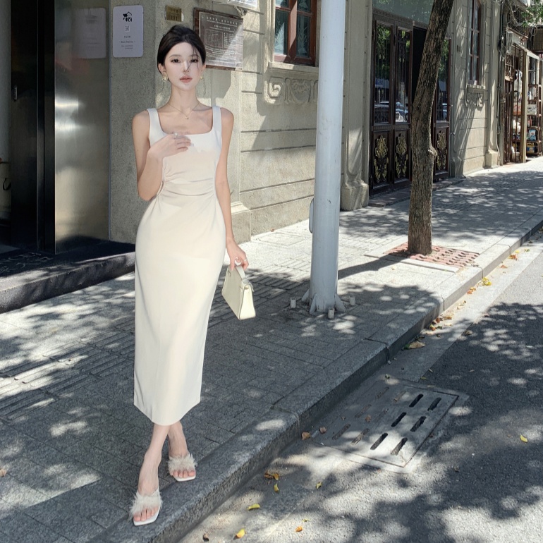 FA35275# 米白色无袖吊带背心连衣裙女夏季新款修身包臀长裙子 服裝批發女裝批發服飾貨源