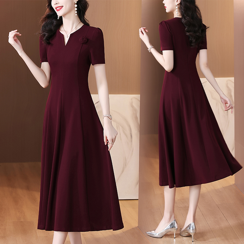 PF11486#夏季新款紫红色连衣裙女新款短袖气质收腰显瘦减龄连衣裙女裝貨...