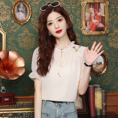 2026新款气质复古立领木耳边系带刺绣花朵短袖雪纺上衣女夏季