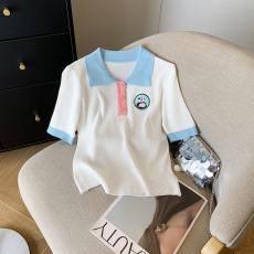 批发实拍 小香风撞色拼接polo衫女短袖夏季新款设计感甜美洋气短款