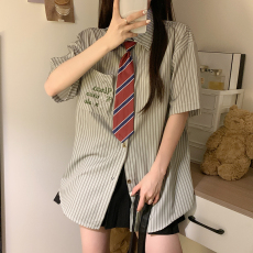 批发实拍大码胖mm条纹衬衫女夏季宽松领带上衣M-4XL