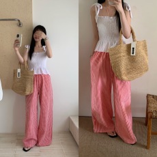 批发实拍 舒适度假风 <b class='q'>夏季</b> 亲肤系带吊打VS格子阔腿裤 套装