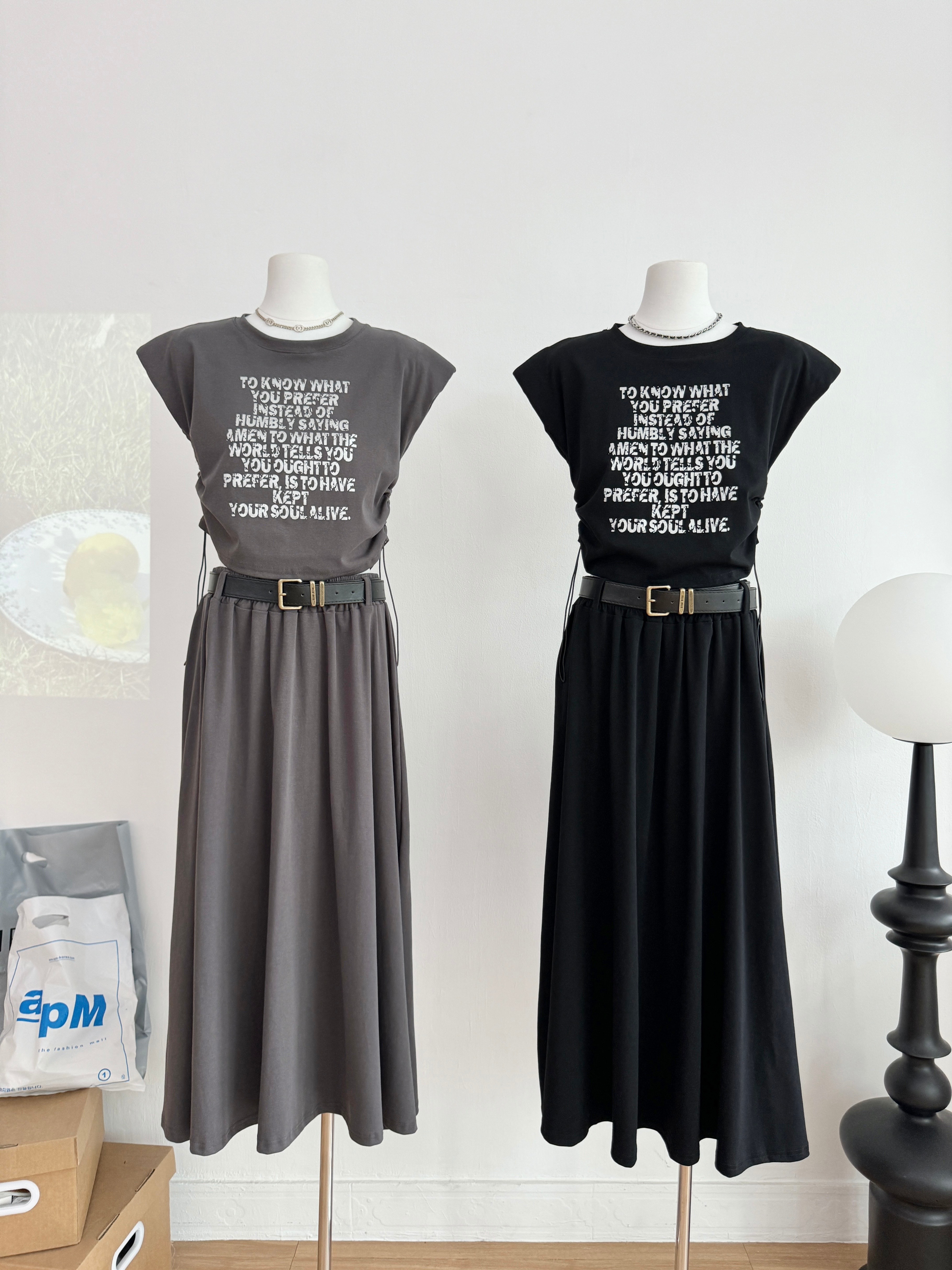 LN34011# 韩国气质套装裙女夏季新款短款字母上衣搭配高腰半身裙两件套 服裝批發女裝批發服飾貨源