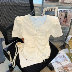 批发不规则v领盘扣蕾丝短袖衬衫女夏季设计感别致绝美小衫新中式上衣