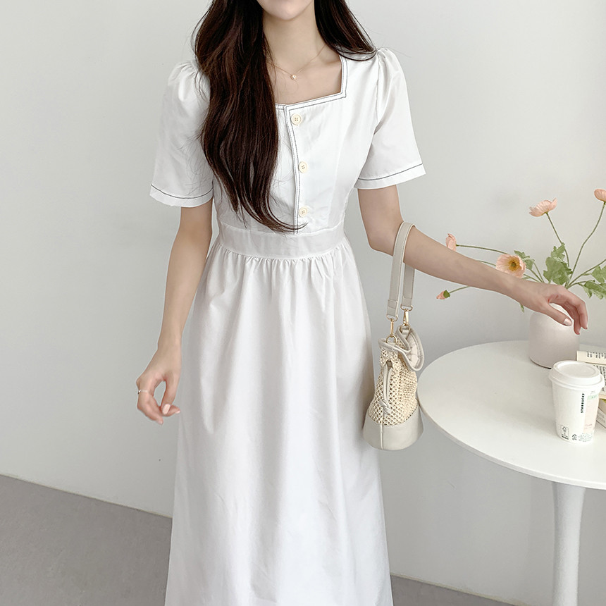 크기 업데이트 재고 상품 한국 chic 여름 프랑스식 레트로 명시적 스티치 광장 칼라 허리 수축 슬림해 보이는 반팔 드레스