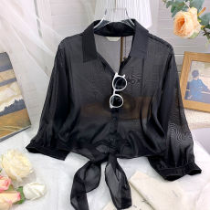 批发8025#夏季休闲防晒衬衫女<b class='q'>清凉</b>收腰绑带别致短款雪纺外搭空调上衣